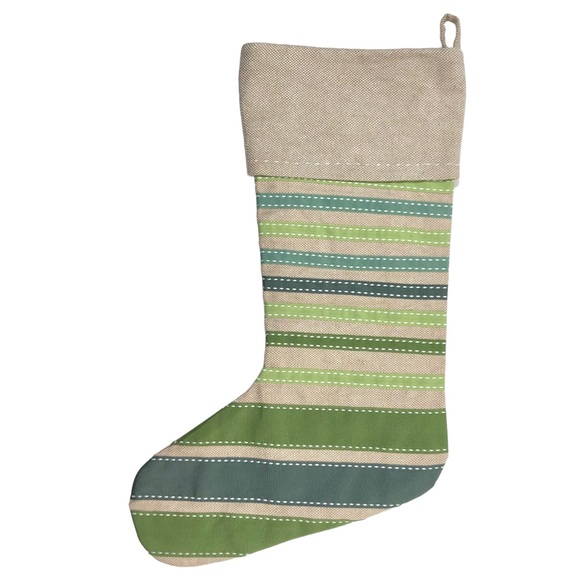 WEST ELM Linen Christmas Stocking Green Grosgrain Ribbon ~ “Steve” Monogram - Picture 3 of 11